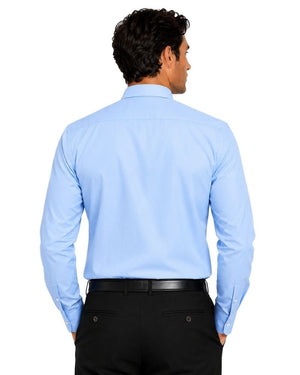 A man shown from the back wearing a light blue long-sleeve clerical shirt and black trousers against a plain white background.