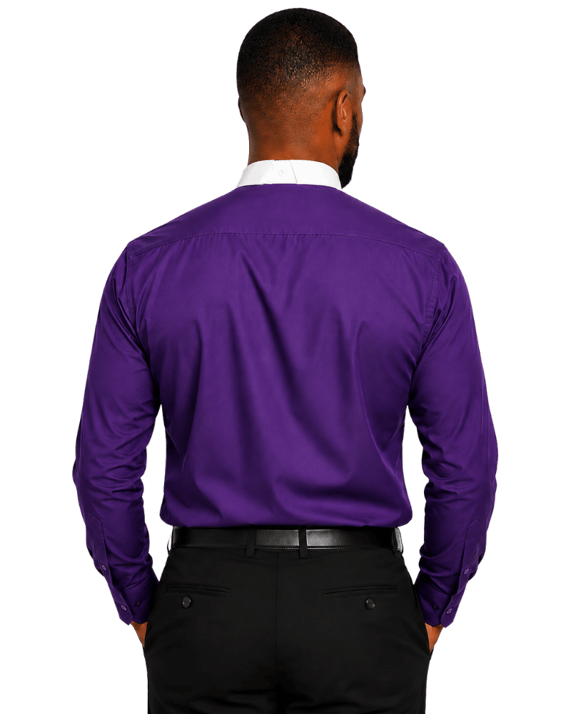 A man viewed from the back wearing a vibrant purple long-sleeve clerical shirt, black trousers, and a white collared shirt underneath, set against a plain white background.