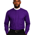 A man wearing a vibrant purple long-sleeve clerical shirt with a mock neck and a chest pocket, paired with black trousers and a black belt, set against a plain white background.