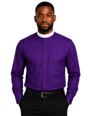 A man wearing a vibrant purple long-sleeve clerical shirt with a mock neck and a chest pocket, paired with black trousers and a black belt, set against a plain white background.
