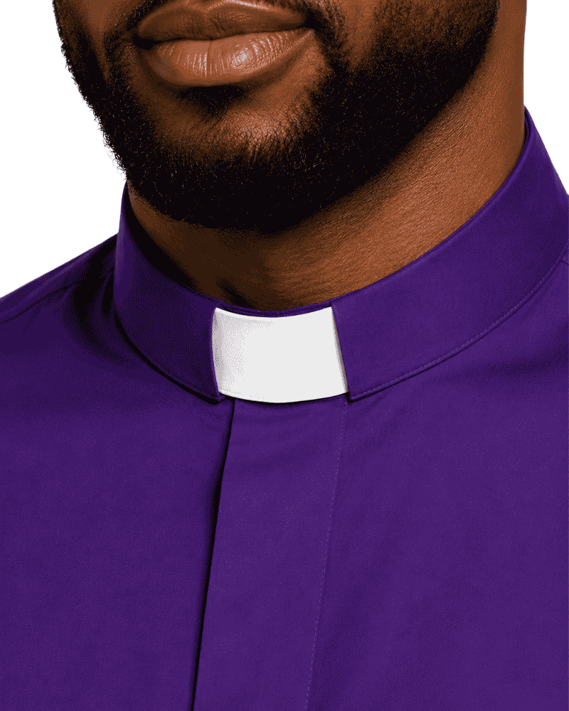 A close-up of a man wearing a purple clerical shirt with a white collar tab, cropped from the lower face to the chest against a plain white background.