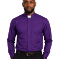 A man wearing a purple long-sleeve clerical shirt with a white collar tab, paired with black trousers and a black belt, against a plain white background.
