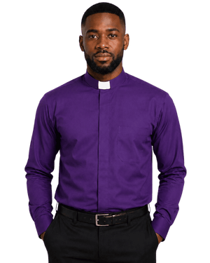 A man wearing a purple long-sleeve clerical shirt with a white collar tab, paired with black trousers and a black belt, against a plain white background.