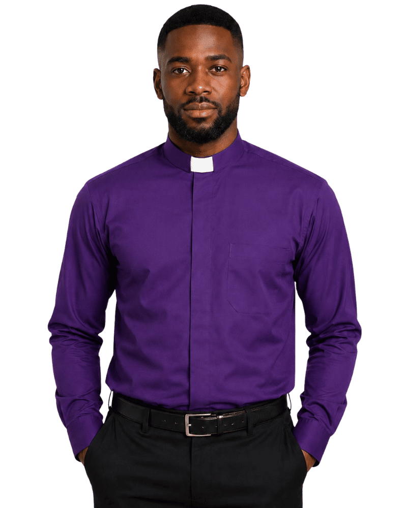 A man wearing a purple long-sleeve clerical shirt with a white collar tab, paired with black trousers and a black belt, against a plain white background.