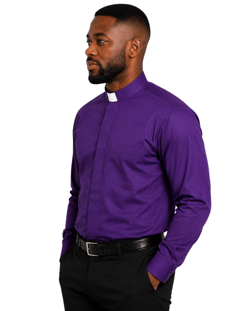 A man wearing a purple long-sleeve clerical shirt with a white clerical collar, paired with black trousers and a black belt, shown in profile against a plain white background.