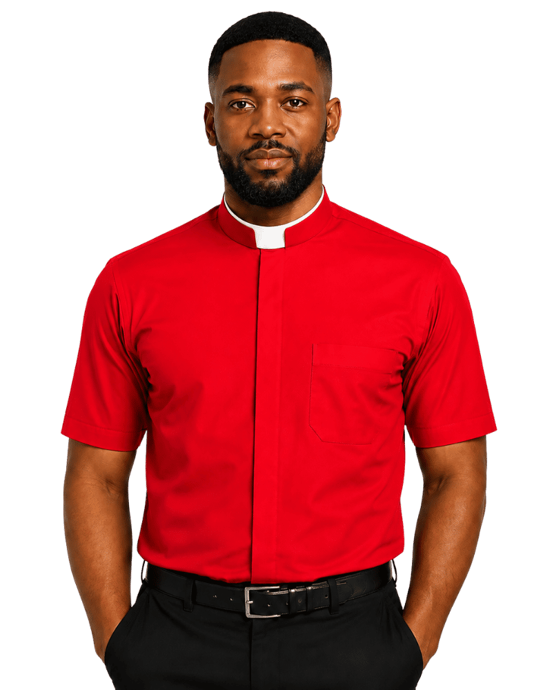 A man wearing a bright red short-sleeve clerical shirt with a white collar, paired with black trousers and a black belt, set against a plain white background.