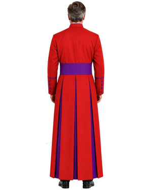 A man viewed from the back wearing a Red Clergy Robe With Purple Trim with purple vertical pleats and white piping details on the cuffs, set against a plain white background.