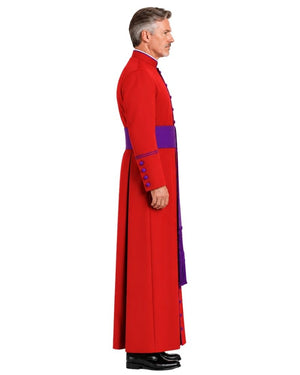 A man wearing Red Clergy Robe With Purple Trim with a high collar, shown in profile against a plain white background.