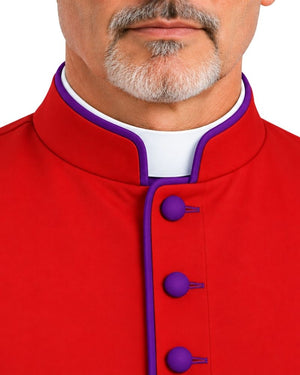A close-up of a man wearing Red Clergy Robe With Purple Trim with a white collar insert, featuring a high stand up collar and a front button closure.