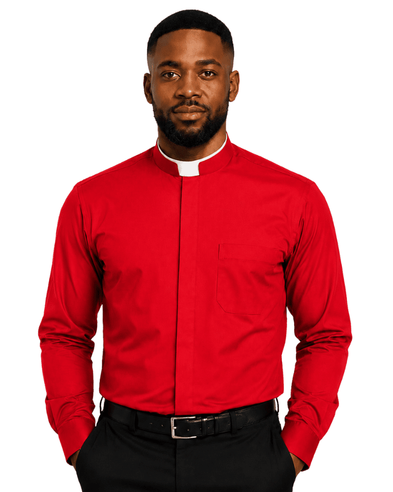 A man wearing a vibrant red long-sleeve clerical shirt with a mock neck and a white collar tab, paired with black trousers and a black belt, set against a plain white background.