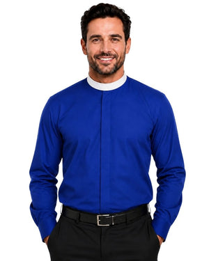 A smiling man wearing a royal blue long-sleeve clerical shirt with a white collar, paired with black trousers and a black belt, against a plain white background.