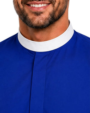 Close-up of a man wearing a royal blue clerical shirt with a contrasting white collar, cropped from the mouth down against a plain white background.