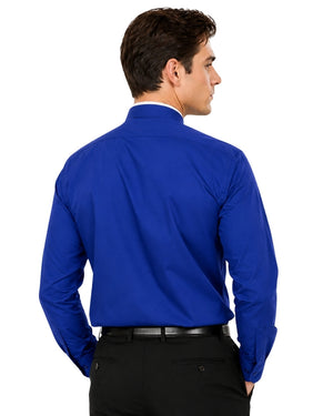 A man wearing a royal blue long-sleeve clerical shirt and black trousers, shown from the back against a plain white background.