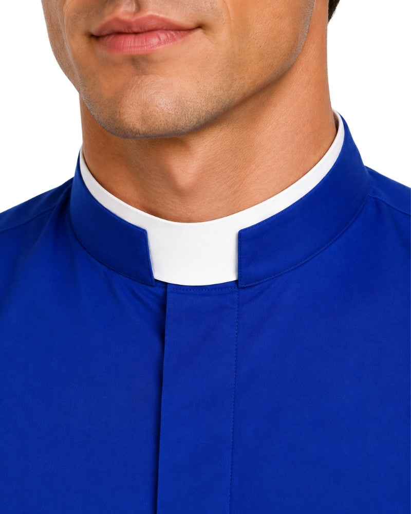 Close-up of a man wearing a royal blue clerical shirt with a white collar, cropped from the lower face to the chest against a plain white background.
