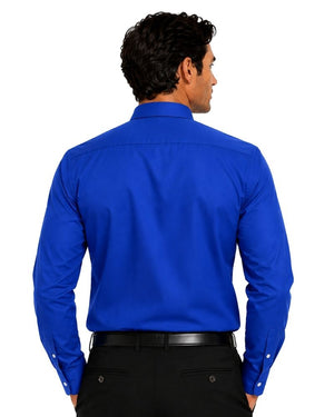A man viewed from the back wearing a bright royal blue long-sleeve clerical shirt and black trousers against a plain white background.