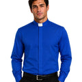 A man wearing a royal blue long-sleeve clerical shirt with a white collar tab, paired with black trousers and a black belt, against a plain white background.