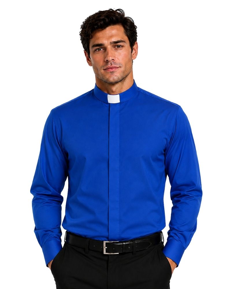 A man wearing a royal blue long-sleeve clerical shirt with a white collar tab, paired with black trousers and a black belt, against a plain white background.