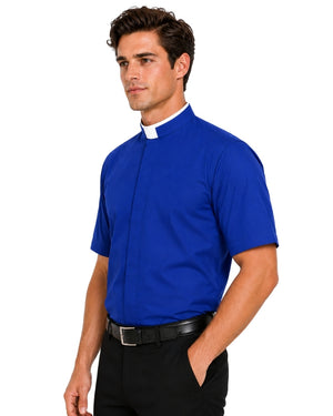 A man wearing a royal blue short-sleeve clerical shirt with a white collar, paired with black trousers and a black belt, photographed against a solid white background.