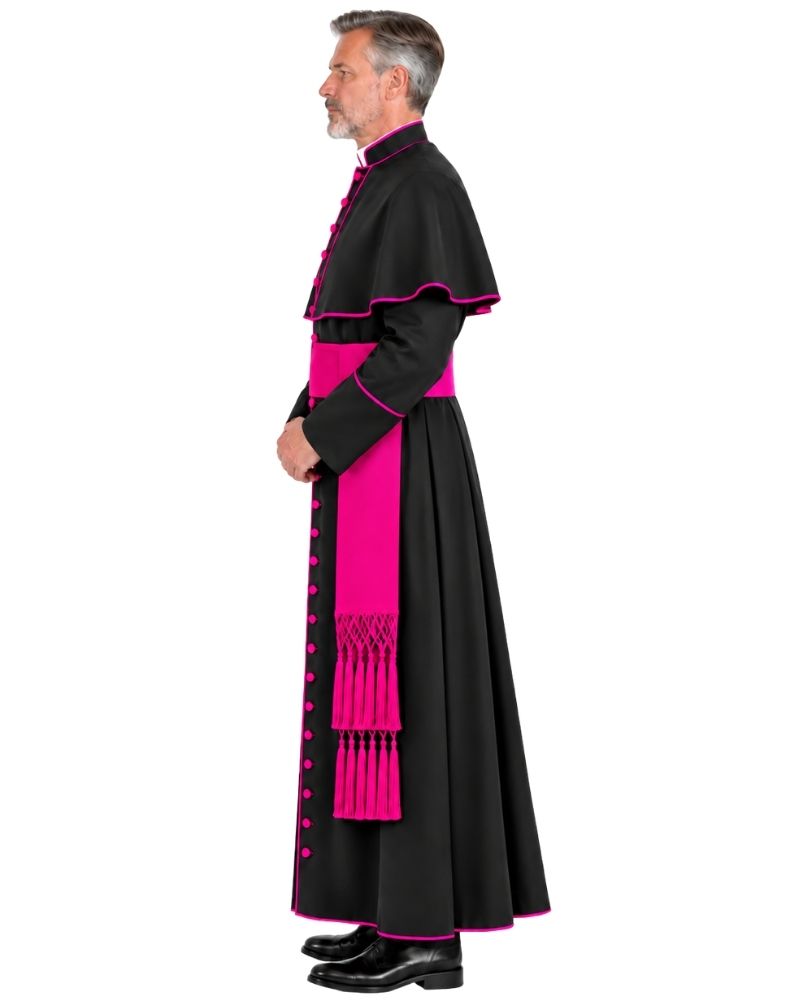 A man wearing a Traditional Clerical Cassock With Magenta Trim with matching pink trim, shown in side profile against a plain white background.