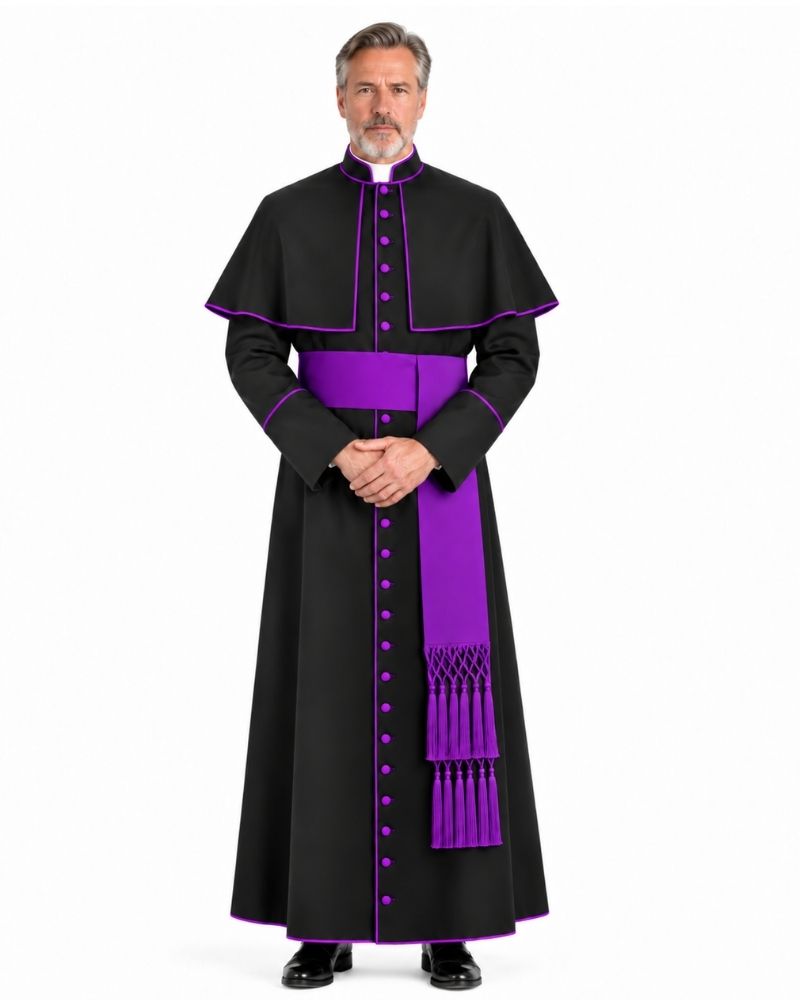A man modeling a Traditional Clerical Cassock With Purple Trim with a matching purple sash and decorative tassel, photographed against a solid white background.