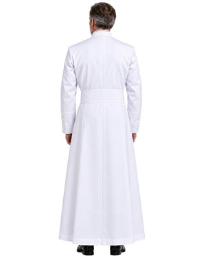 A man viewed from the back wearing a White Clergy Cassock with a waist belt, shown against a plain white studio background.