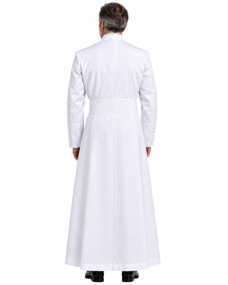 A man viewed from the back wearing a White Clergy Cassock with a waist belt, shown against a plain white studio background.