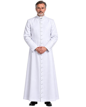 A man wearing a White Clergy Cassock with a high collar and front buttons, standing against a plain white background.