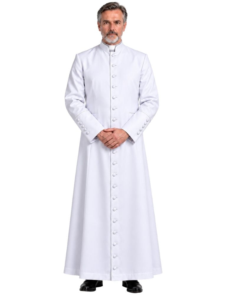 A man wearing a White Clergy Cassock with a high collar and front buttons, standing against a plain white background.