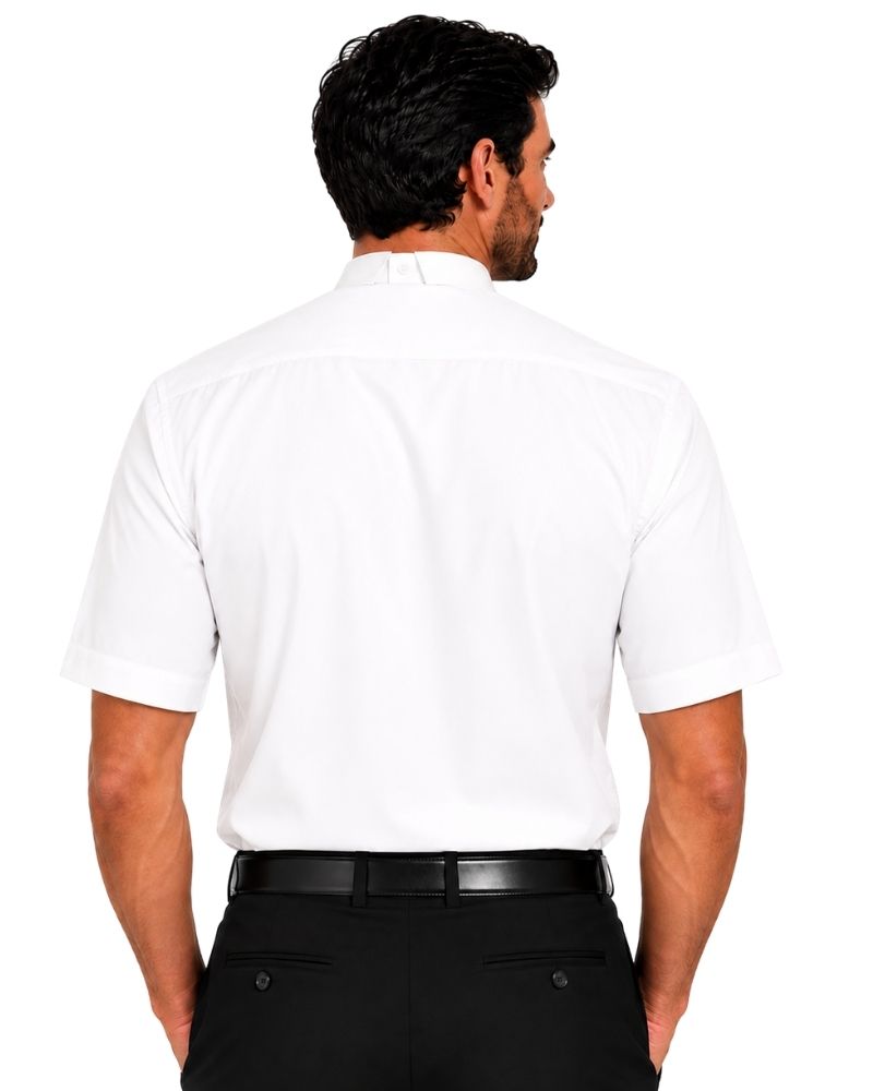 A man wearing a white short-sleeve clerical shirt with a high mock neck collar, paired with black trousers and a black belt, photographed against a solid white background.
