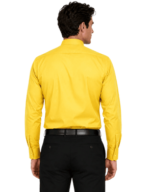 A man shown from the back wearing a yellow clerical shirt tucked into black trousers with a black belt, against a plain white background.