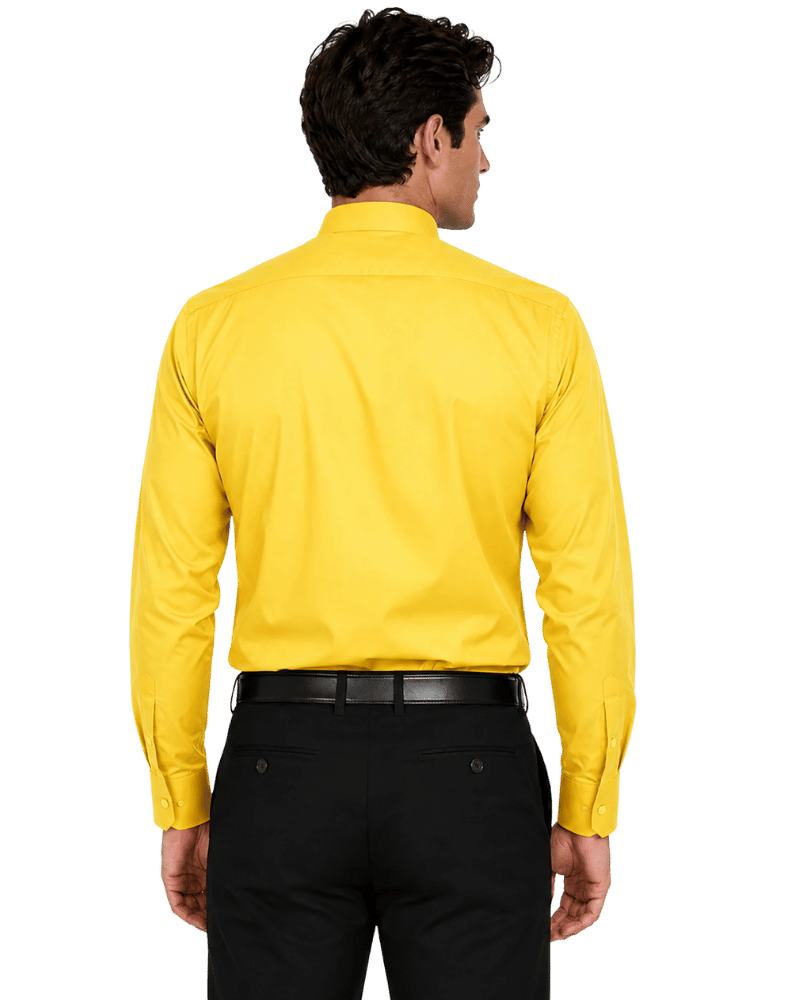 A man shown from the back wearing a yellow clerical shirt tucked into black trousers with a black belt, against a plain white background.