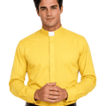 A man wearing a yellow clerical shirt with a unique high stand-up collar, paired with black trousers and a black belt, against a plain white background.