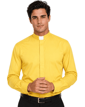 A man wearing a yellow clerical shirt with a unique high stand-up collar, paired with black trousers and a black belt, against a plain white background.