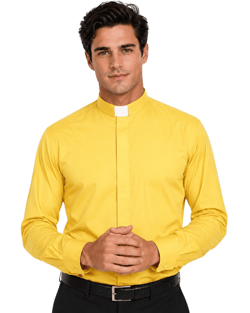 A man wearing a yellow clerical shirt with a unique high stand-up collar, paired with black trousers and a black belt, against a plain white background.