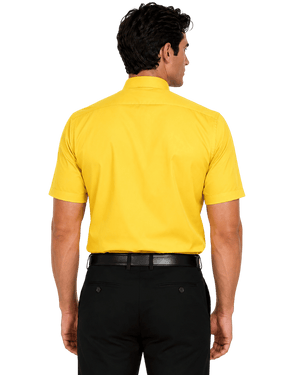 A man shown from the back wearing a bright yellow short-sleeve clerical shirt and black trousers against a plain white background.