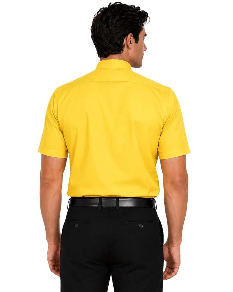 A man shown from the back wearing a bright yellow short-sleeve clerical shirt and black trousers against a plain white background.