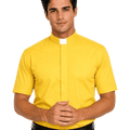 A man wearing a bright yellow short-sleeve clerical shirt with a white collar, paired with a black belt and black trousers, standing against a solid white background.