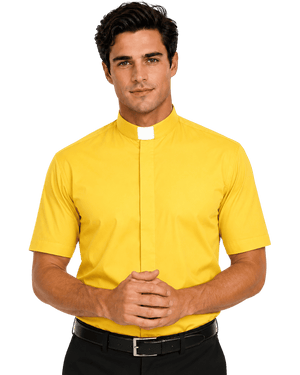 A man wearing a bright yellow short-sleeve clerical shirt with a white collar, paired with a black belt and black trousers, standing against a solid white background.