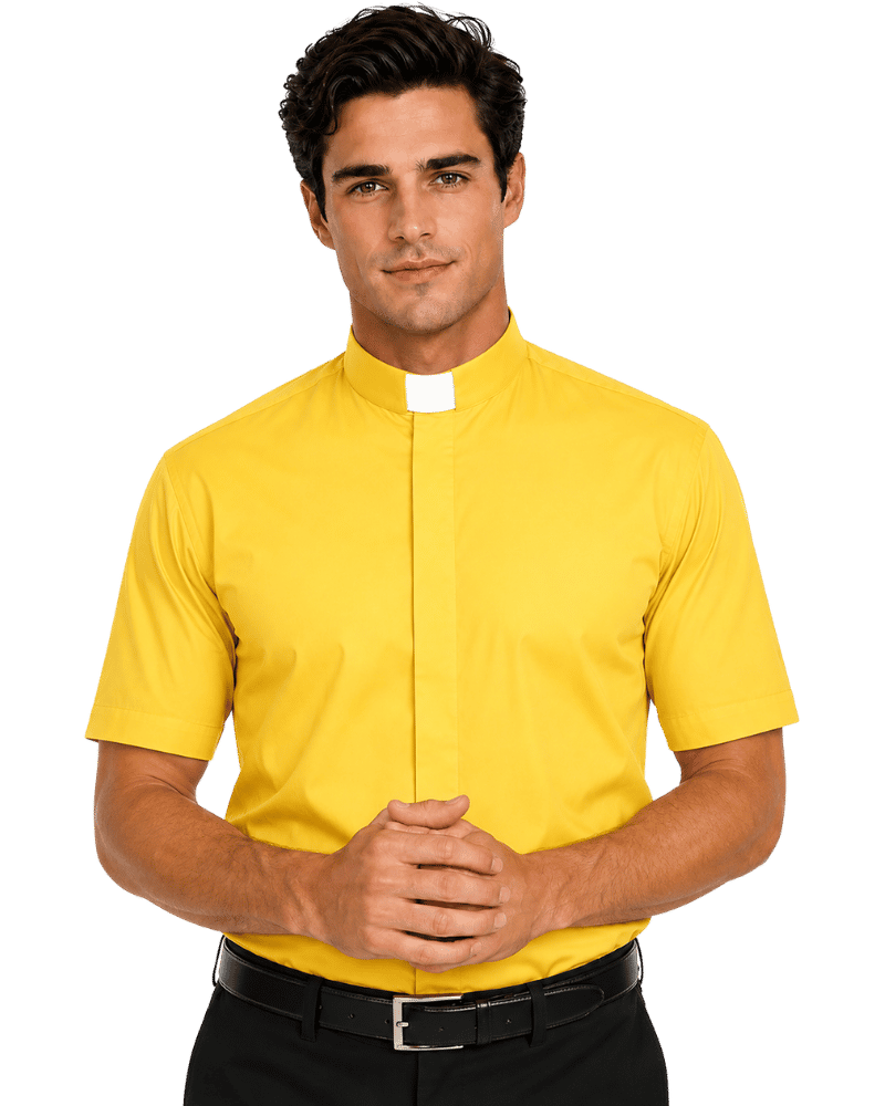 A man wearing a bright yellow short-sleeve clerical shirt with a white collar, paired with a black belt and black trousers, standing against a solid white background.
