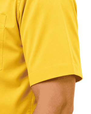Close-up of a man wearing a bright yellow short-sleeve clerical shirt, showing the sleeve, cuff, and part of the torso against a plain white background.