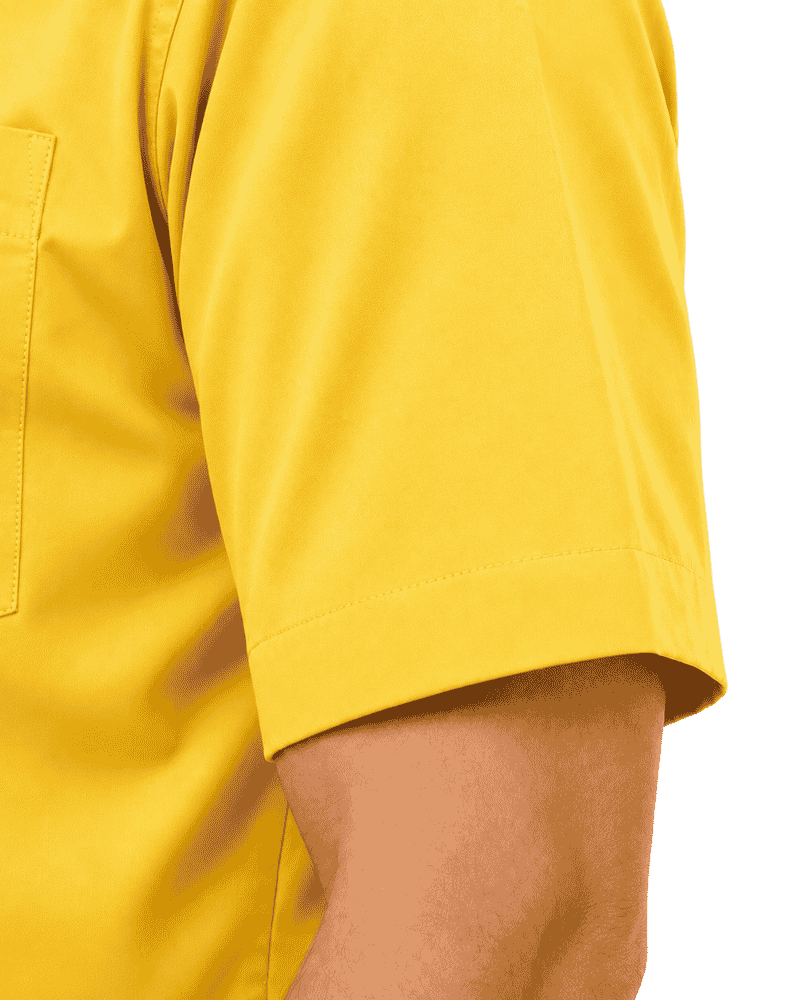 Close-up of a man wearing a bright yellow short-sleeve clerical shirt, showing the sleeve, cuff, and part of the torso against a plain white background.
