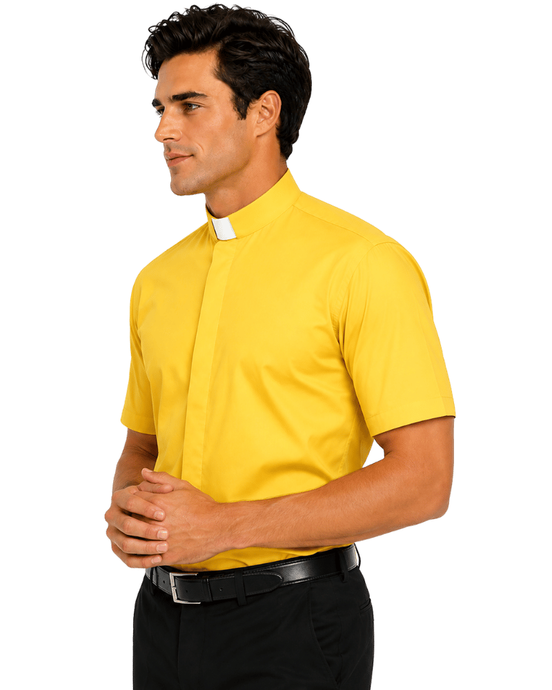 A man wearing a bright yellow short-sleeve clerical shirt with a white collar tab, paired with black trousers and a black belt, shown in profile against a plain white background.