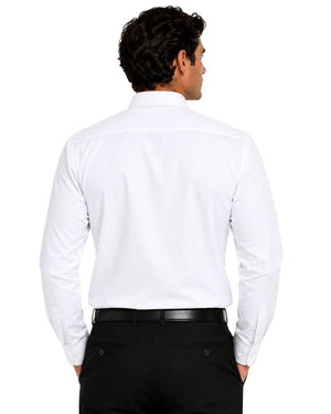 A man viewed from the back wearing a white long-sleeve clerical shirt and black trousers, photographed against a plain white studio background.