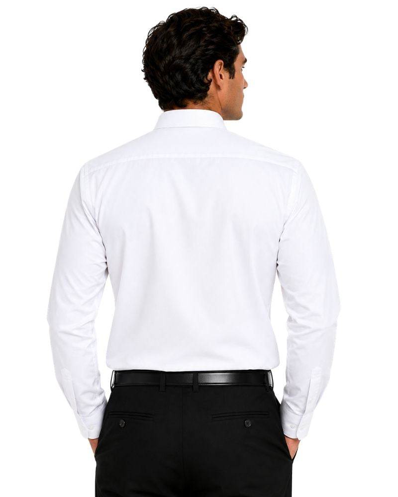 A man viewed from the back wearing a white long-sleeve clerical shirt and black trousers, photographed against a plain white studio background.