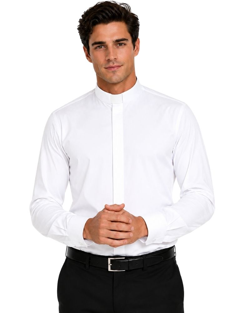 A man wearing a crisp white long-sleeve clerical shirt with a high stand collar, paired with black trousers and a black belt, against a solid white background.