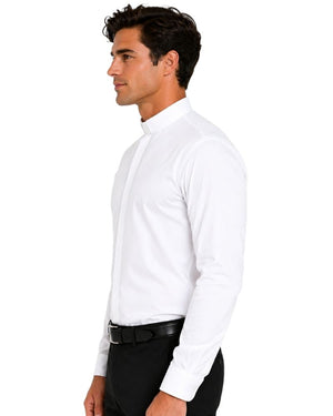 A man shown in profile wearing a crisp white long-sleeve clergy shirt tucked into black trousers with a black belt, against a solid white background.