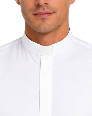 Close-up of a man wearing a white clerical collar shirt with a high stand-up collar and front placket, shown against a plain white background.