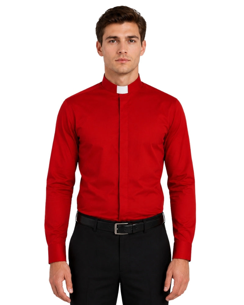 Man wearing a red shirt and black pants on a white background