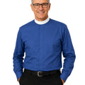 Man wearing royal blue clerical shirt on a white background.
