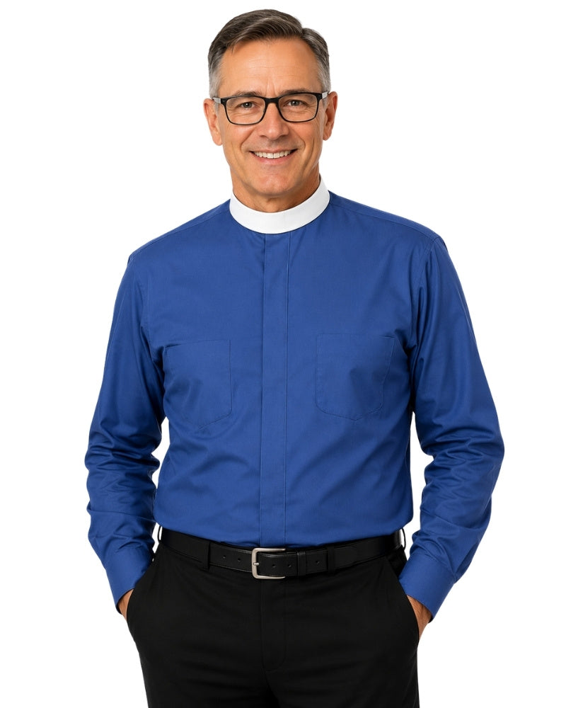 Man wearing royal blue clerical shirt on a white background.